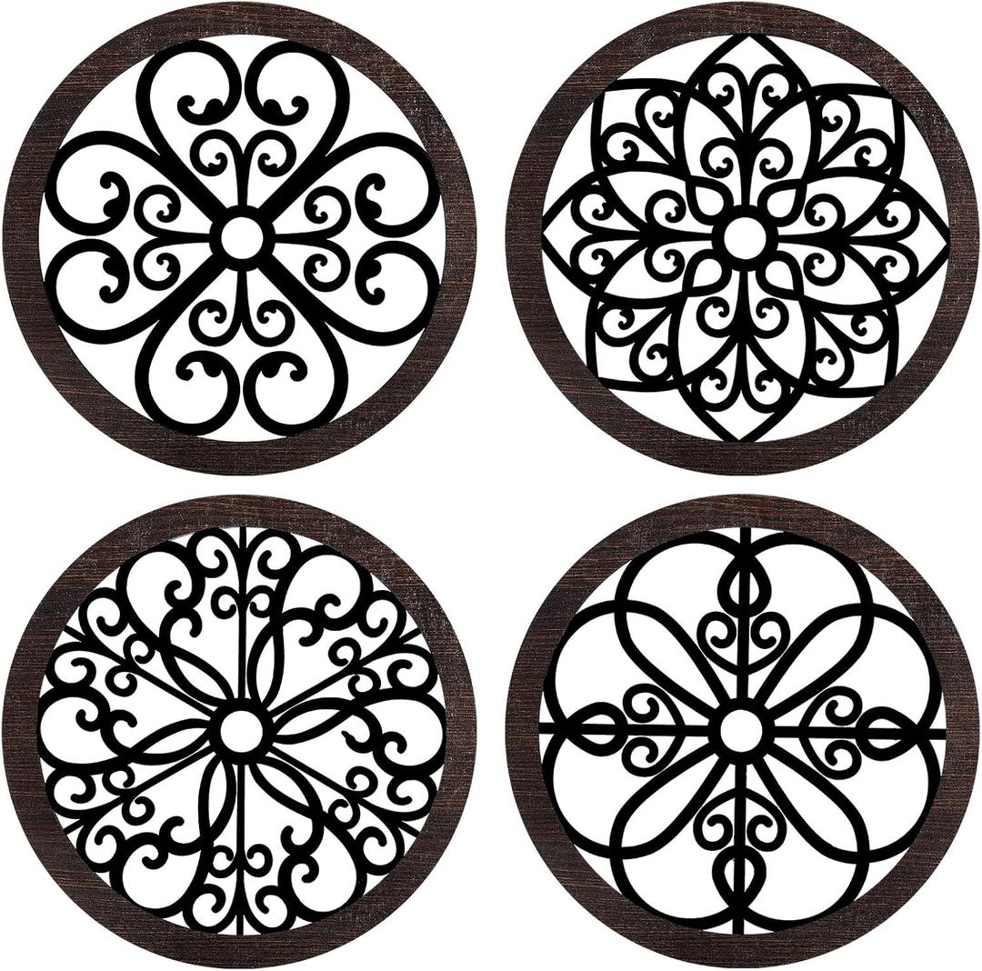 Yulejo 4 Pcs Thicken Rustic Wall Decor Farmhouse Wall Art Wooden Hollow Carved Design Rustic Round Art for Living Room Bedroom Hallway Decor Kitchen (9.8 x 9.8 Inch,Classic Style,Black, Brown)