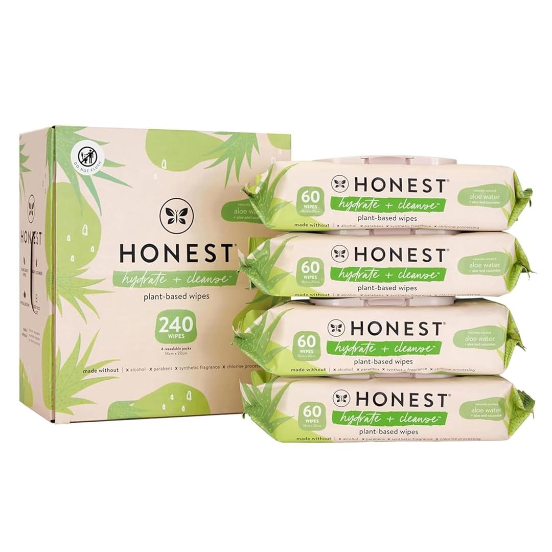 The Honest Company Hydrate + Cleanse Naturally Scented Wipes | Cleansing Multi-Tasking Wipes | 99% Water, Plant Based, Hypoallergenic | Aloe + Cucumber, 240 Count (60 Count (Pack of 4))
