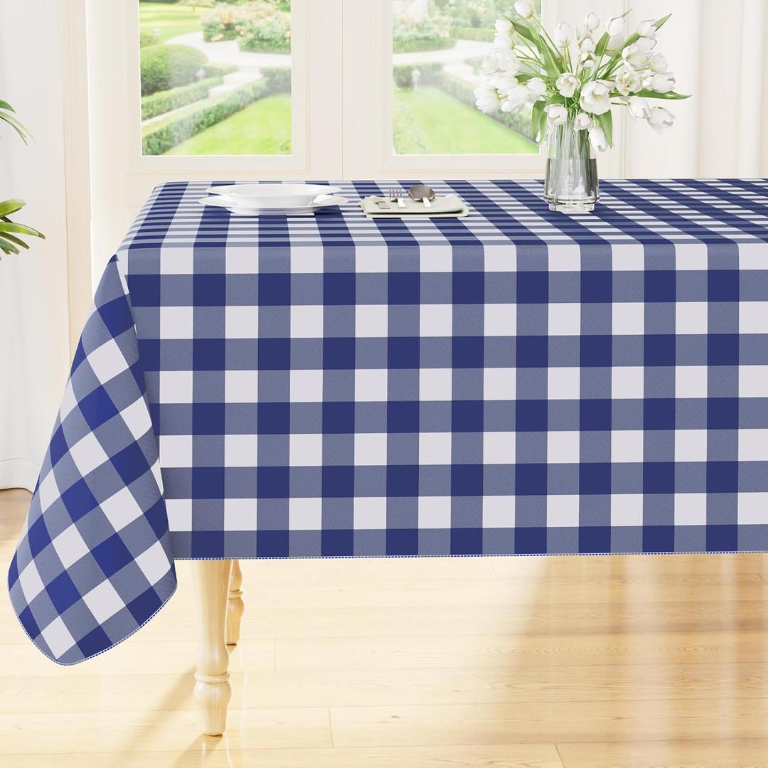 Smiry Rectangle Table Cloth, Waterproof Vinyl Tablecloth with Flannel Backing, Wipeable Buffalo Plaid Table Cover for Picnic, Indoor and 4th of July, Independence Day (Navy & White, 70"x90")