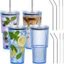 4 Pcs 20oz Acrylic Ribbed Tumblers with Lid and Straws Blue Plastic Reusable Iced Coffee Cups with Lid Unbreakable Vintage Ribbed Drinking Glasses Tumbler for Juice Smoothie Beverage with Clean Brush