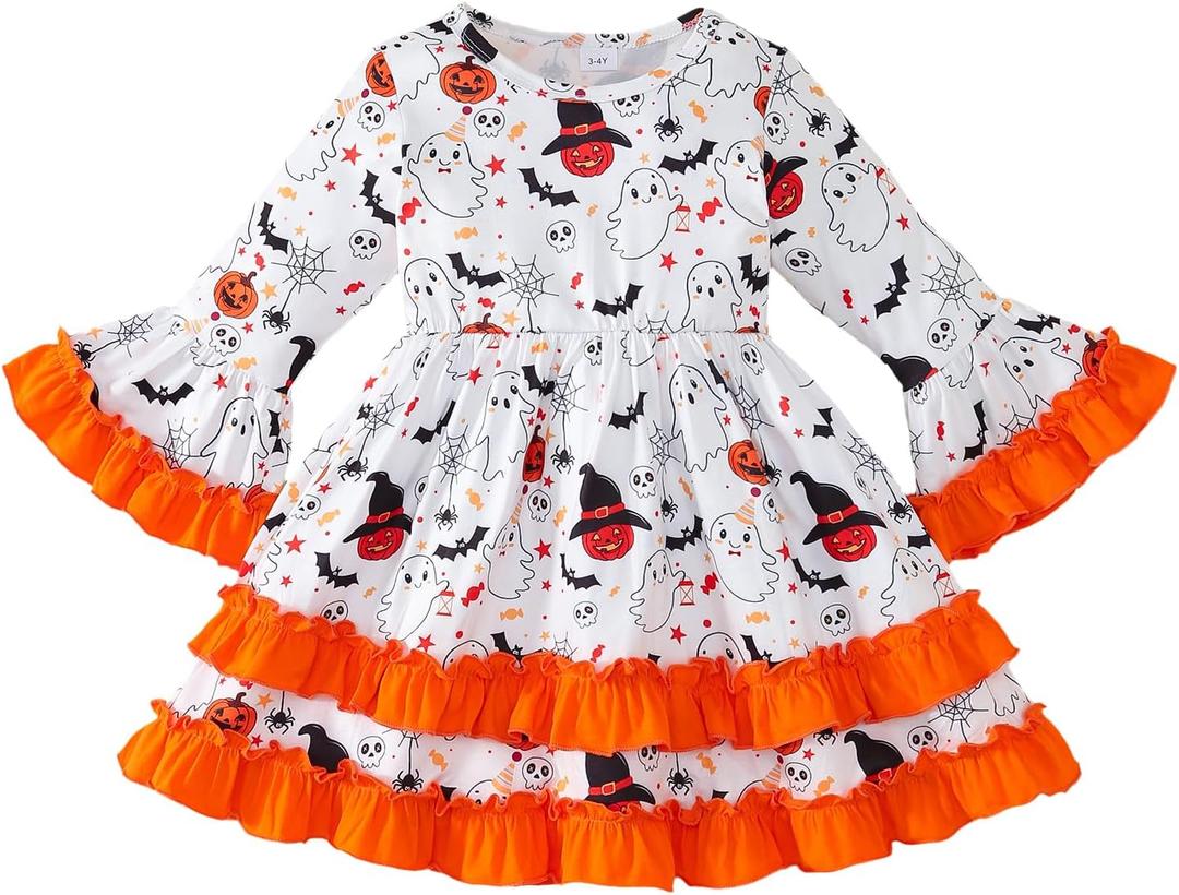 Halloween Little Girl Dress Pumpkin/Bat Outfit Flared Sleeve Ruffled Dresses 3-8T (White)