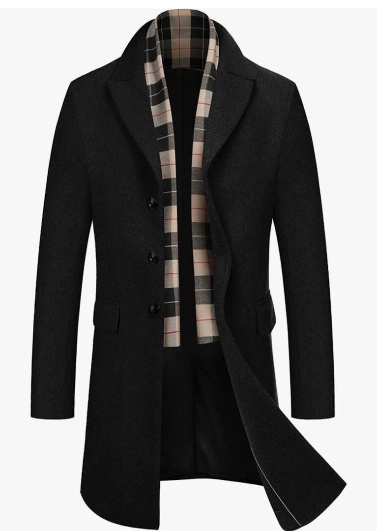 COOFANDY Men's Wool Blend Coat with Detachable Plaid Scarfs Notched Collar Single Breasted Pea Coat Trench Overcoat Size XL