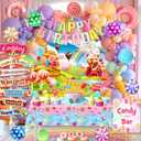 132 PCs Candyland Party Decorations, Candyland Themed Birthday Party Decorations, Candyland Christmas Decorations, Backdrop Sweet Candy Balloons Tablecloth Banner Signs for Sweet Birthday Party Decor