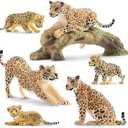Toymany 7PCS Leopards Figurines with Leopards Cub and Tree Trunk, Realistic Jungle Animals Figures Family Playset, Educational Toy Cake Toppers