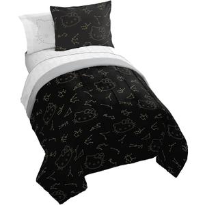 Jay Franco Hello Kitty Stars Full Comforter Set - 7 Piece Bedding Includes Sheet Set & Pillow Covers - Super Soft Zodiac Black & Gold Bedding
