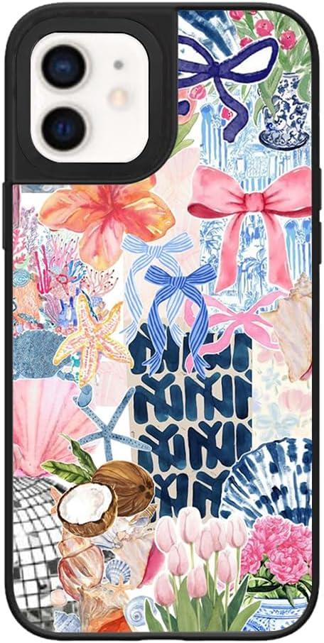 Case for iPhone 12/12 Pro, Trendy Aesthetic Preppy Coastal Beach Pattern Print, Glossy Hard PC Back Soft TPU Bumper, Slim Shockproof Anti-Scratch Cover for Teen Girls Women