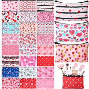 Meanplan 24 Pcs Valentine's Day Cosmetic Bags Heart Love Makeup Bags Travel Zipper Cosmetic Organizer Valentine's Day Gift for Women and Girls 24 Styles (Pink)