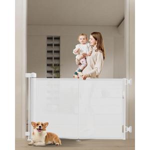 59 inch Retractable Baby Gates 34 inch Tall, Retractable Gate with Reinforced Strip Design to Prevent Crawling Through, 5 FT Retractable Dog Gate for Stairs, Doorways, Hallways, Indoor/Outdoor (White)