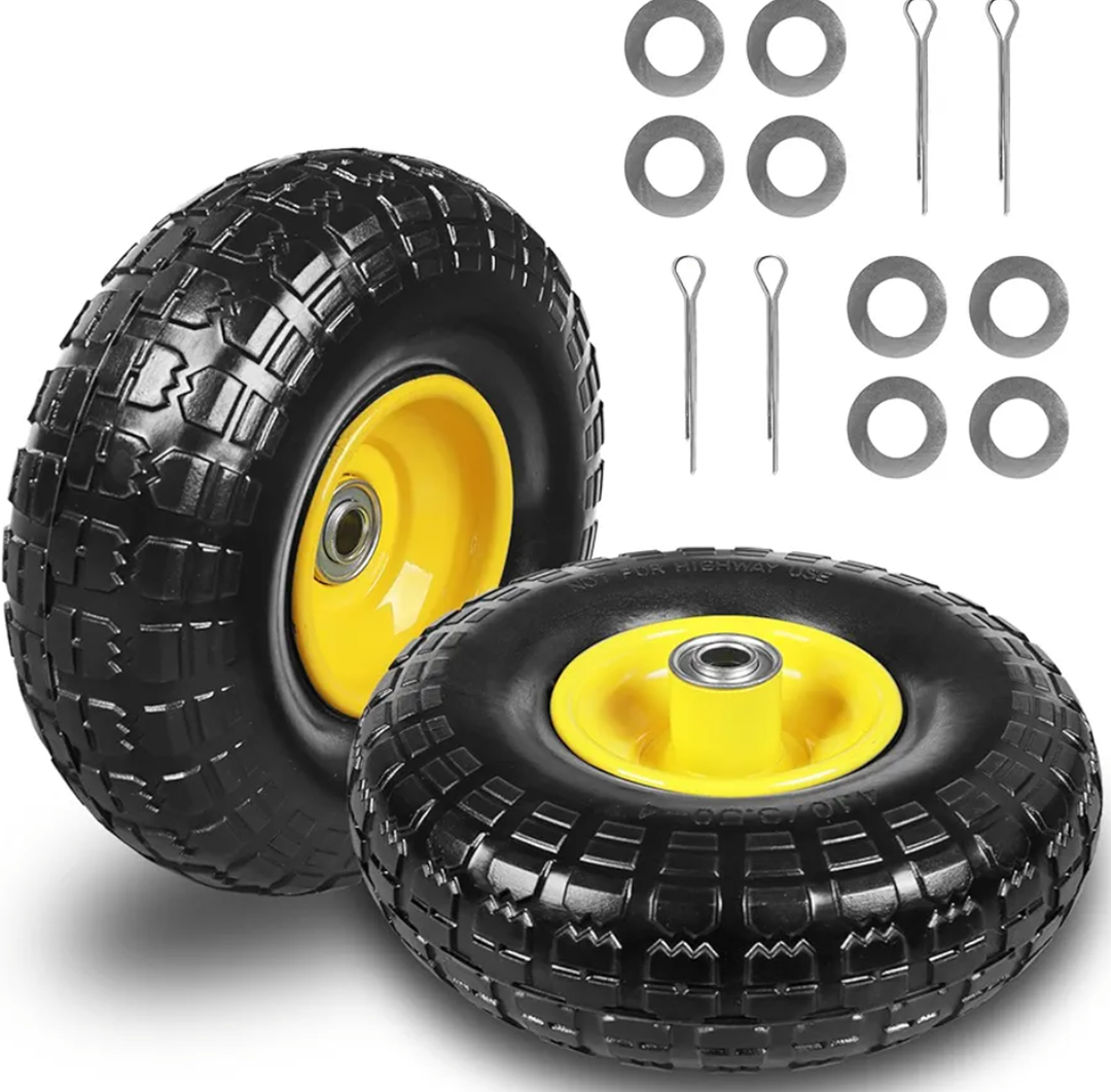 10 Inch Solid Rubber Dolly Tire Wheels, 4.10/3.50-4" Tire and Wheel Flat Free for Garden Carts, 5/8" Bearings, 2.1" Offset Hub for Hand Truck, Gorilla Cart, Wheelbarrow Metal (2 Packs)