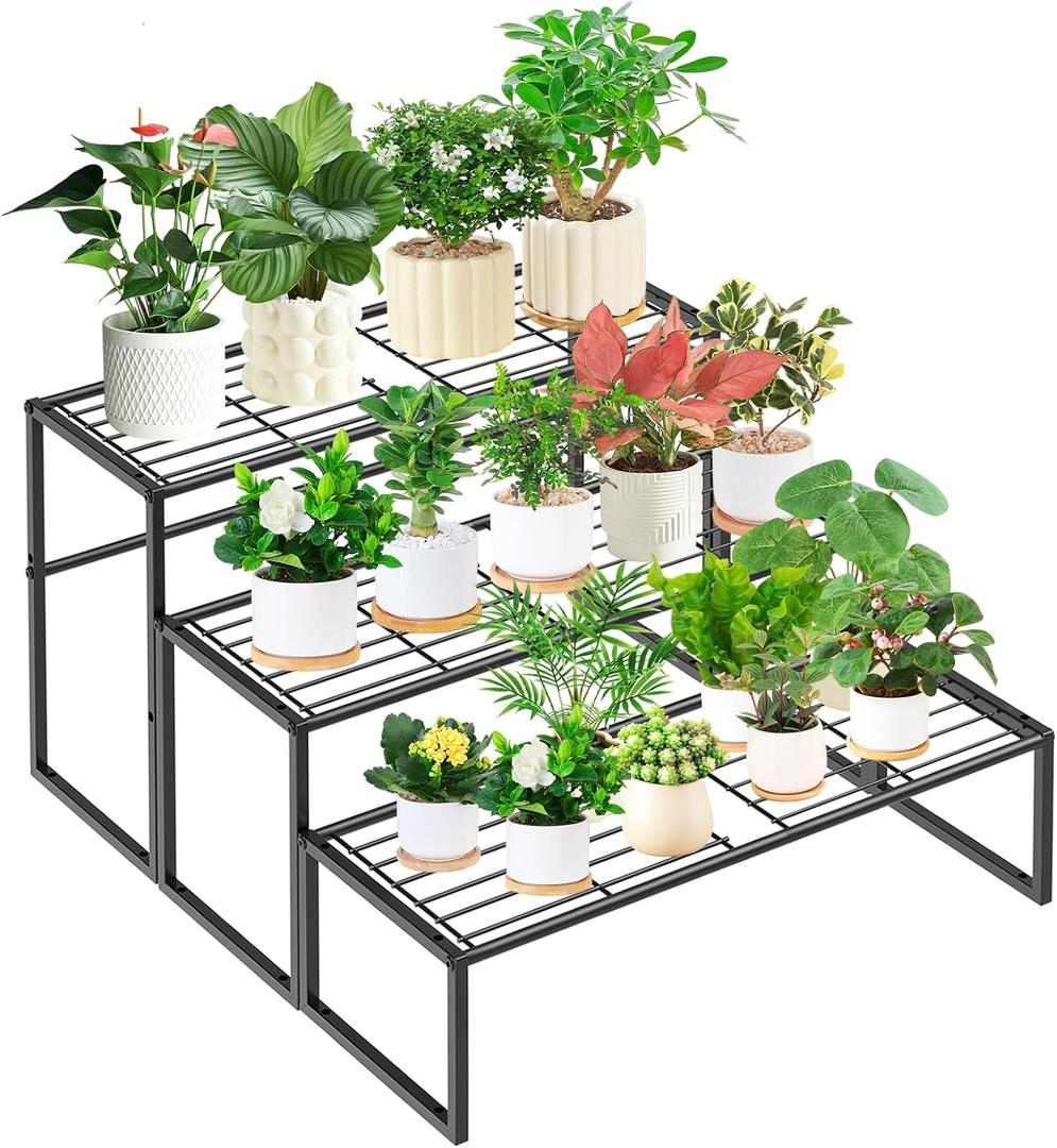 Gouisalin 3 Tier Metal Plant Stand Indoor Outdoor, Potted Multiple Flower Pot Holder Rack Plant Shelf, Heavy Duty Planter Display Shelving for Patio Balcony Garden Living Room Decorative (3 Tier Black)