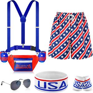 Mepase Patriotic Fanny Pack Outfits for Men USA American Flag Fanny Pack Beer Belt Short Sunglasses Wristband Headband(Small)