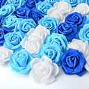Geosar 150 Pcs Artificial Rose Flower Heads Bulk Fake Foam Roses Mini Faux Flower for Bridal Shower Wedding Flower Arrangements Centerpiece DIY(2.76 Inch,White, Blue)