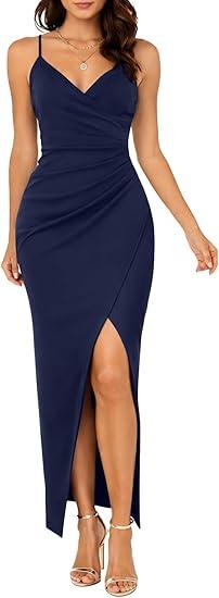 OWIN Women's 2026 Sexy V Neck Spaghetti Straps Wrap Ruched Sheath Bodycon Cocktail Evening Party Night Club Dresses, Size XS