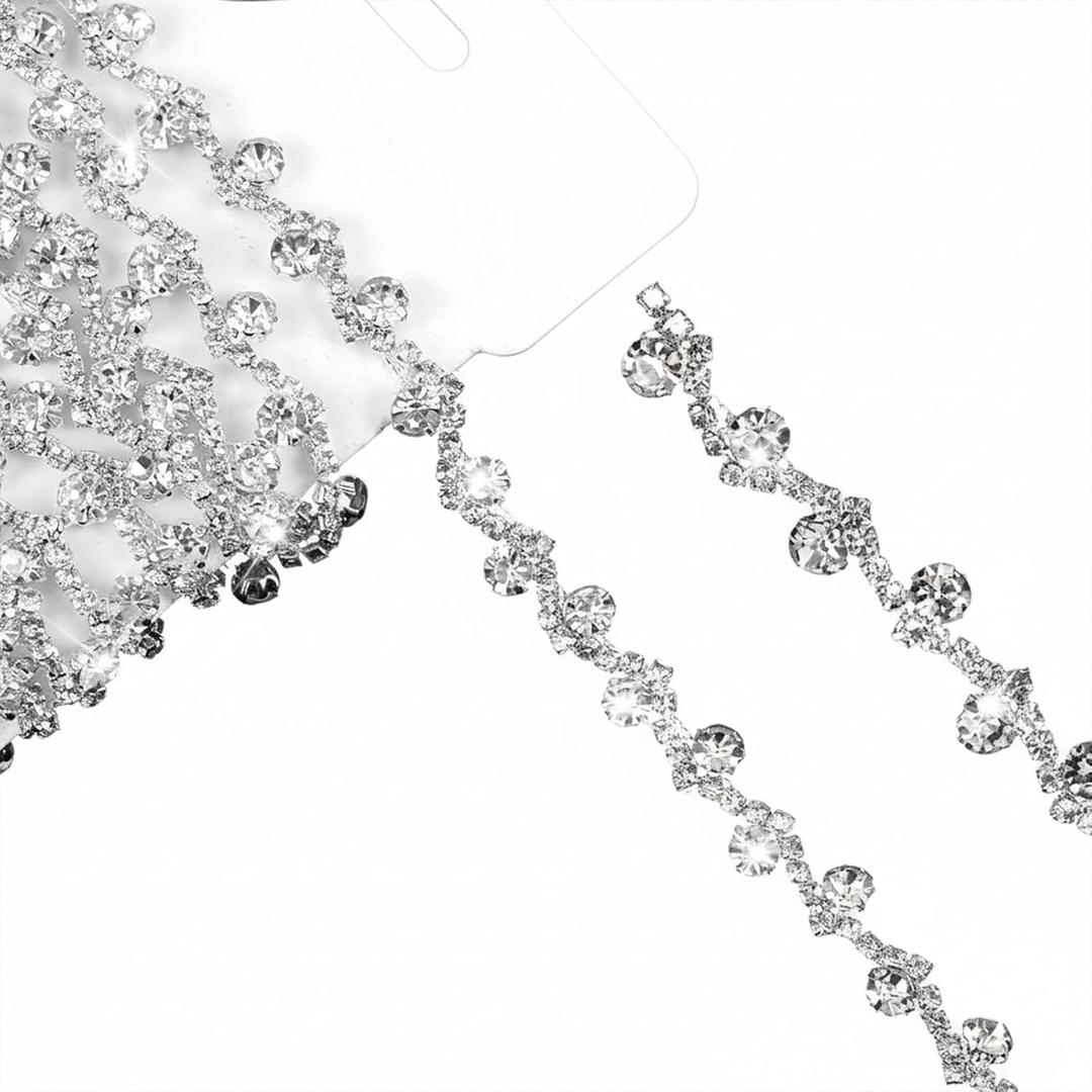 Silver Rhinestone Trim Chain for Crafting, 70.87" x 0.35" Crystal Rhinestones Applique for DIY Wedding Dress Embellishments