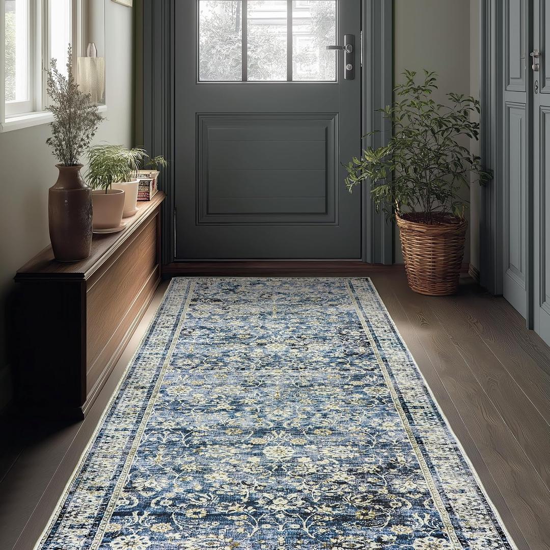 Dark Blue 2x6 Runner Rug for Hallway Low Pile Retro Rugs Non Slip Washable