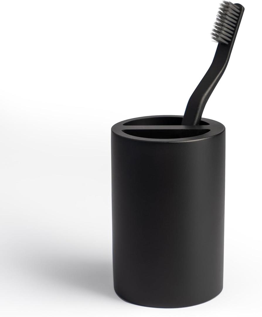 Matte Black Toothbrush Holder for Bathrooms Modern Resin Countertop Organizer with Slots, Compact Toothbrush and Toothpaste Storage for Vanity, Hotel, Airbnb (Black)