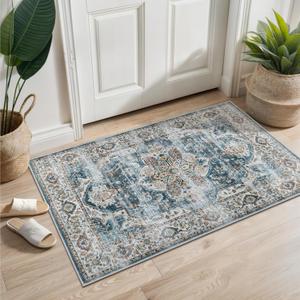 Madane Washable Area Rug 2x3, Small Entryway Rug Non-Slip Vintage Door Mat Indoor Entrance, Low Pile Floor Carpet for Inside Front Door Bedroom Kitchen Entry Laundry (2'x3', Navy)
