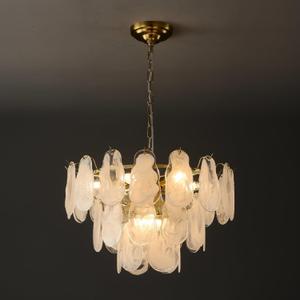 Gold Modern Chandelier 23in 9-Light Cloud Glass Pendant Light Mid Century Chandelier with White Shell Crystal Chandeliers for Bedroom Dining Room Living Room Kitchen Island Foyer