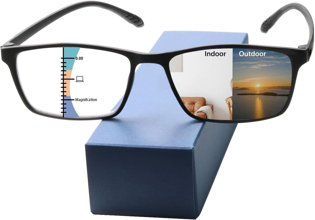 Photochromic Multifocus Reading Glasses For Men WomenPremium Progressive Transition Sunglasses Anti UV/Blue Light (Black)