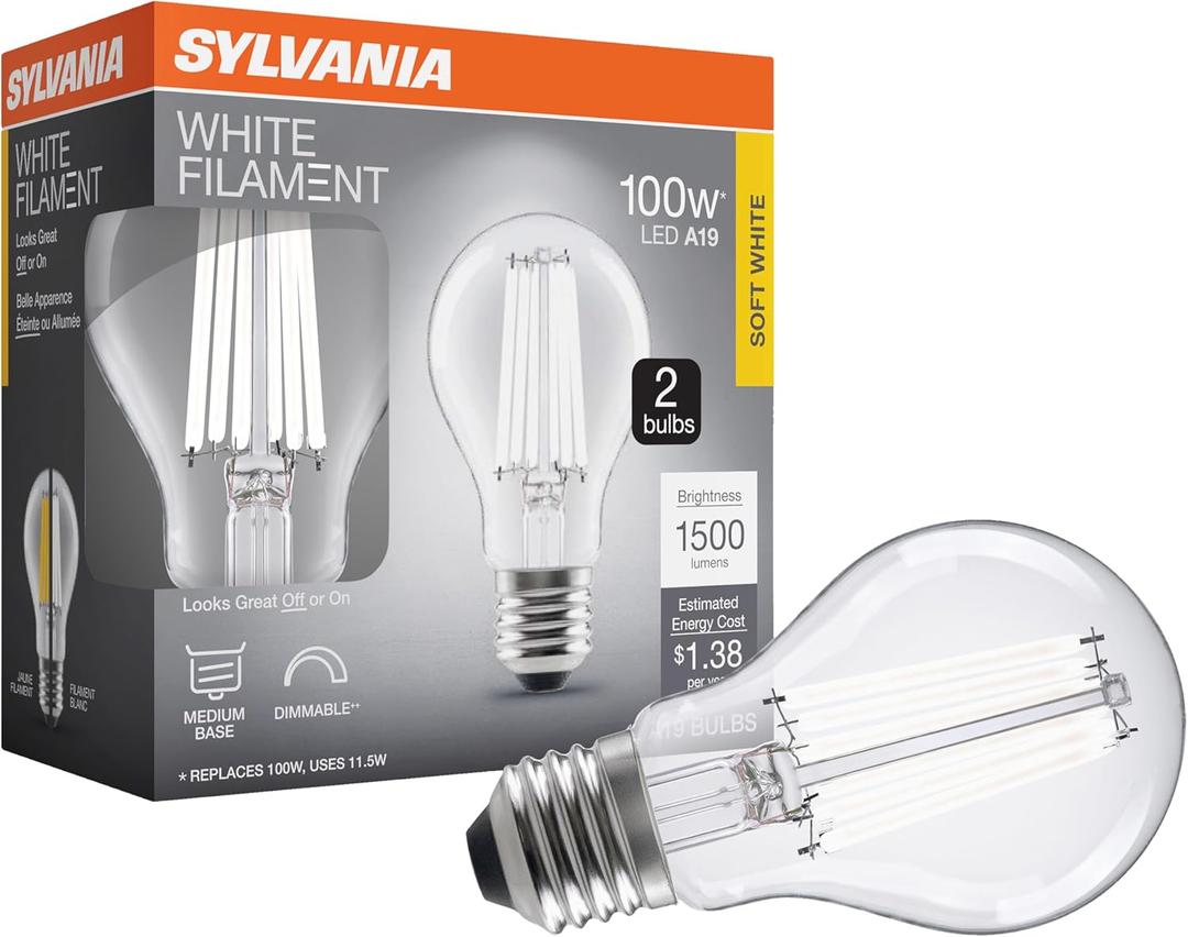 Sylvania A19 Clear LED White Filament Bulb, 11.5W, Dimmable, 1500 LMS, Medium Base, 2700K, Soft White - 2 Pack (42172)