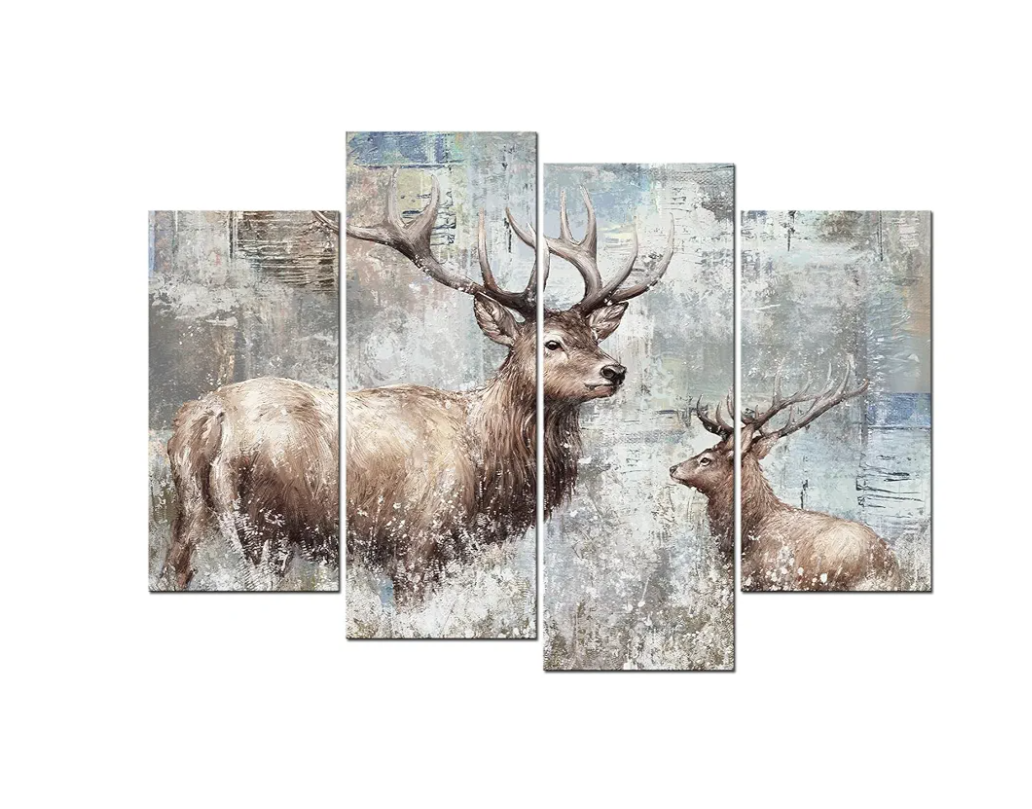Sechars Rustic Farmhouse Canvas Wall Art Vintage Deer Paintings Decor Elk Picture Prints Farm Country Decoration Size: 12"x24"x2pcs+12"x32"x2pcs