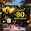 IVN Happy 80th Birthday Banner 71x43 Inch Black Gold Eighty