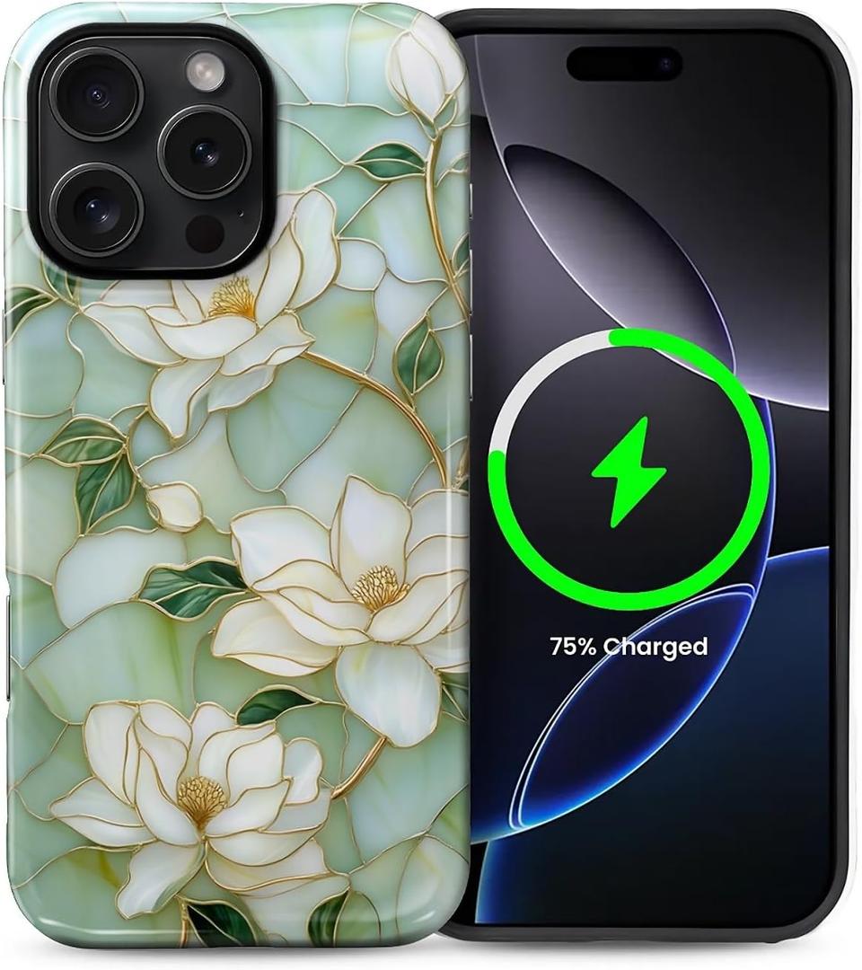 Case Compatible with iPhone 16 Pro Max [Compatible with MagSafe] Hybrid 2-Layer Hard Shell Protection Case, Shockproof Protective Magnetic Cover for iPhone 16 Pro Max, Blooming Cyan Flowers