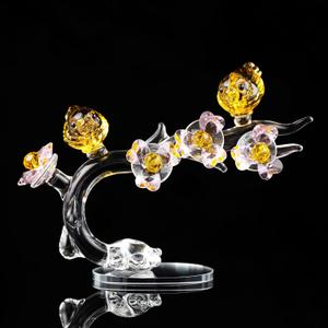 Qianwei Yellow Crystal Bird Figurine with Plum Blossom Collectible - Glass Animals Figurines Crystal Office Desk Table Home Decor Paperweight Handmade