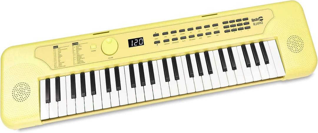 RockJam 49 Key Keyboard Piano, Portable Electronic Music Keyboard with Speakers, USB-C Power or Battery Operation, Headphone Input, 200 Tones, 200 Rhythms, Note Stickers & Lessons (Lemon Sherbert)