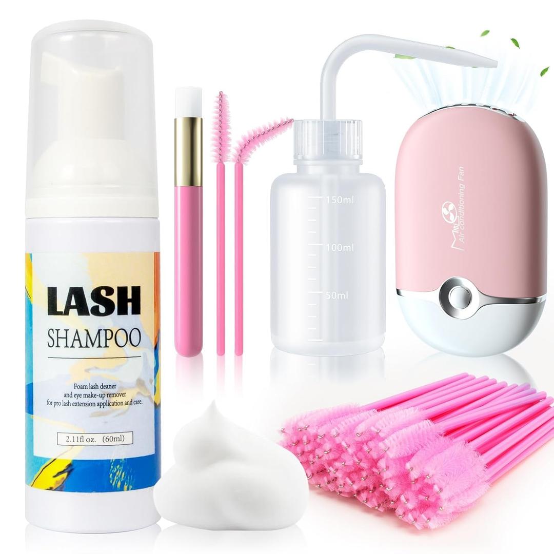 Buqikma Lash Shampoo Kit, Eyelash Extension Cleanser, Pink, 2.02Fl oz | Includes USB Rechargeable Lash Fan, Cleansing Brush, Rinse Bottle & 50 Mascara Wands for Complete Lash Aftercare
