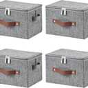 4 Pack Storage Bins with Zipper Lid Cotton Linen Fabric Lidded Storage Baskets Boxes Foldable Washable Closet Shelf Clothes Organizer Container with PU Leather Handles (Gray, Small)