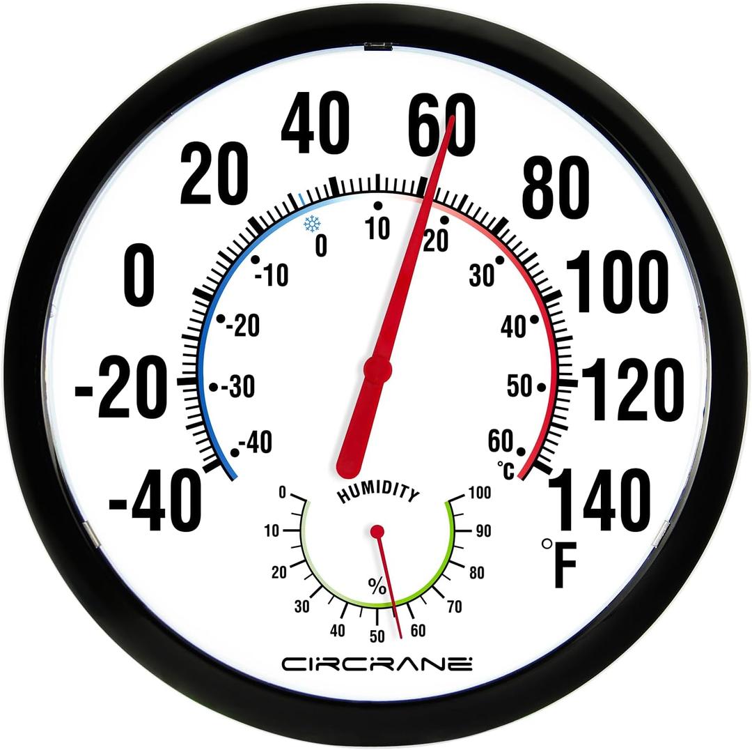 Circrane 13.25 Inch Round Thermometer with Hygrometer, Large Indoor Wall Patio Bimetal Weather Thermometer, No Battery Required, Black