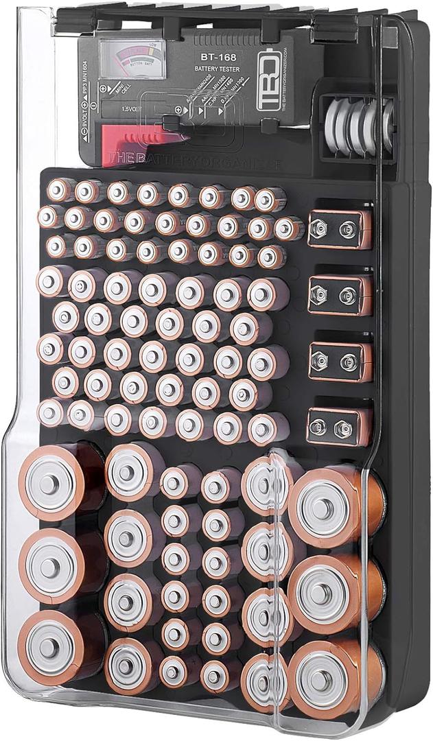 The Battery Organizer and Tester with Cover, Storage Organizer and Case, Holds 93 Batteries of Various Sizes, Includes a Removable Battery Tester, Battery Holder for Garage Organization, Black (Black)