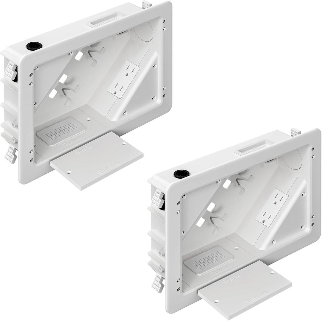 in-Wall TV Box with Flange for Home Theater Installation, Cord Hider for Wall Mounted TV, with 2 Duplex Outlets, Cable Bracket, LV Cable & 1-1/2" ENT Entrance, Ideal for New or Retrofit Job, 2 Pack (White)