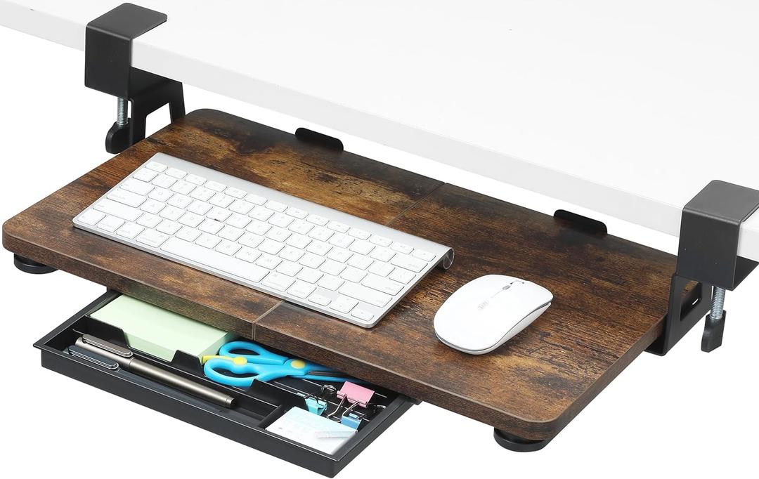 ETHU Keyboard Tray Under Desk, 19.7" X 11.81" Small Size Keyboard Drawer with C Clamp-on Mount Easy to Install, Computer Keyboard Stand Slide Pull Out, Ergonomic Keyboard Tray for Home, Office (Wood)