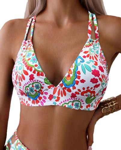Tainehs Women's Push Up V Neck Bikini Tops Criss Cross Back Padded Bathing Suit Top (Atmy Green, XL)