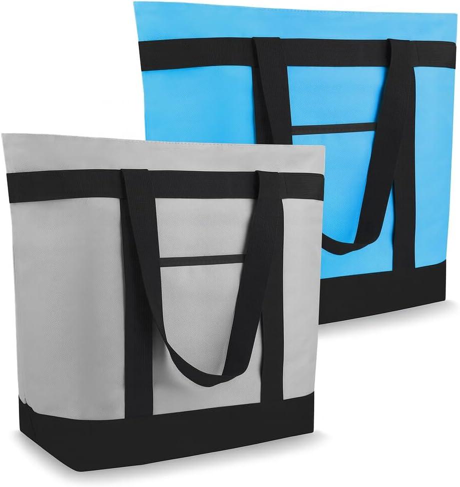 CIVJET 2PK Insulated Grocery Tote Bags, Large Reusable Cooler Bags with Zipper, Leakproof Thermal Shopping Bags for Food Delivery, Beach, Travel & Picnic, Collapsible, Grey & Blue (One Size)