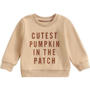 Toddler Baby Halloween Outfit Boy Girl Pumpkin Sweatshirt Crewneck Pullover Sweater Long Sleeve Shirt Fall Clothes (18-24 Months, Cutest Pumpkin in the Patch Khaki)