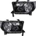 Headlight Assembly, Compatible with 2007-2013 Toyota Tundra/2008-2017 Sequoia Replacement Headlamp Pair of Driver Left & Passenger Right Side Black Housing Clear Reflector