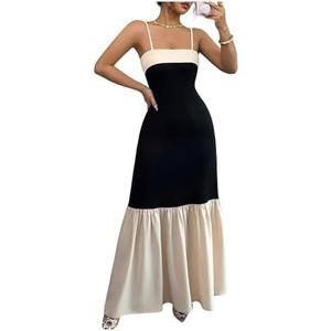 SOLY HUX Women's Color Block Ruffle Hem Maxi Dress Spaghetti Strap Elegant Long Cami Dresses, Size Large