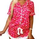 Women 2 Pieces Heart Floral Bow Pajama Sets Button-Down Short Sleeve Shirt Ruffle Short Sleepwear (L)