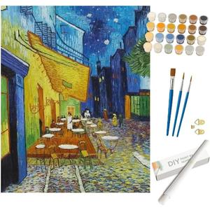 Scenic Paint by Numbers Kit for Adults - DIY Caf Terrace at Night Painting on Rolled Canvas 16x20 Inch, Acrylic Paint Set, Suitable for Beginners, Night View Art for Home Decoration or Gifts