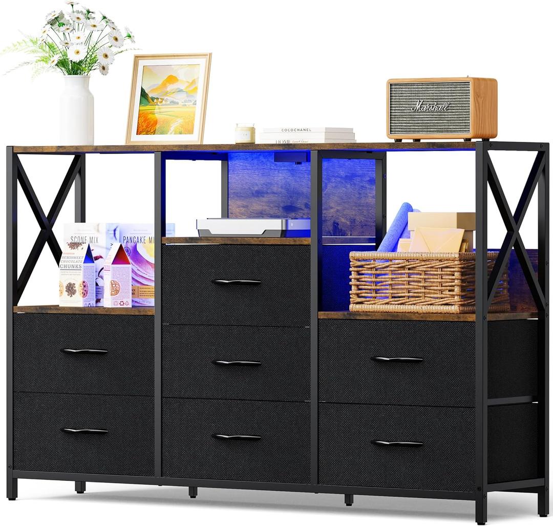 Black Dresser for Bedroom, 65 inch TV Stand with Charging Station & LED Lights, 7 Fabric Drawers with Solid Wood Top for Living Room, Closet