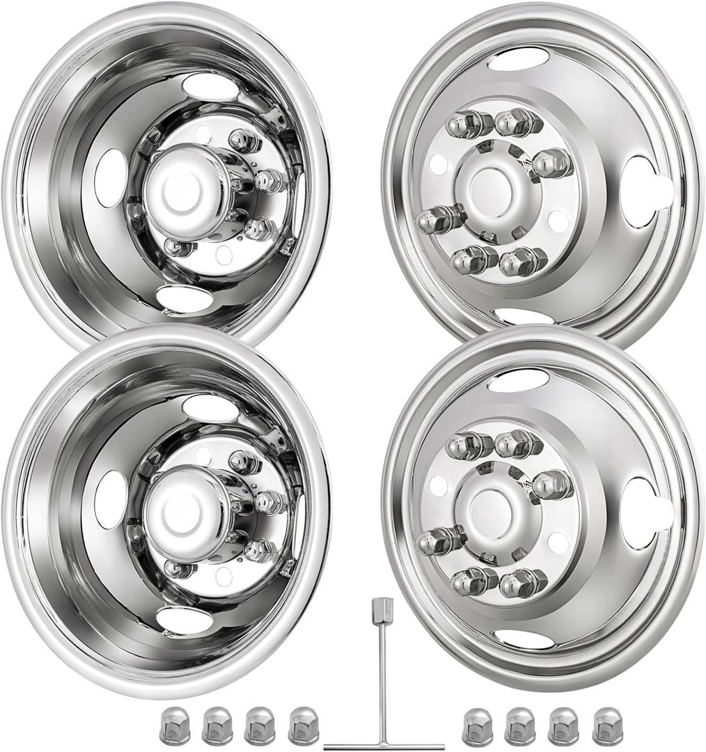 17" 8 Lug Wheel Simulators,Stainless Steel,4pcs Front and Rear Wheel Simulators,Hubcaps with Bolt Kit Fit for 2005-2025 Ford F350 Truck