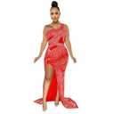 Women One Shoulder Rhinestones Dress Sexy Nightclub Single Sling Split Long Dress, Small