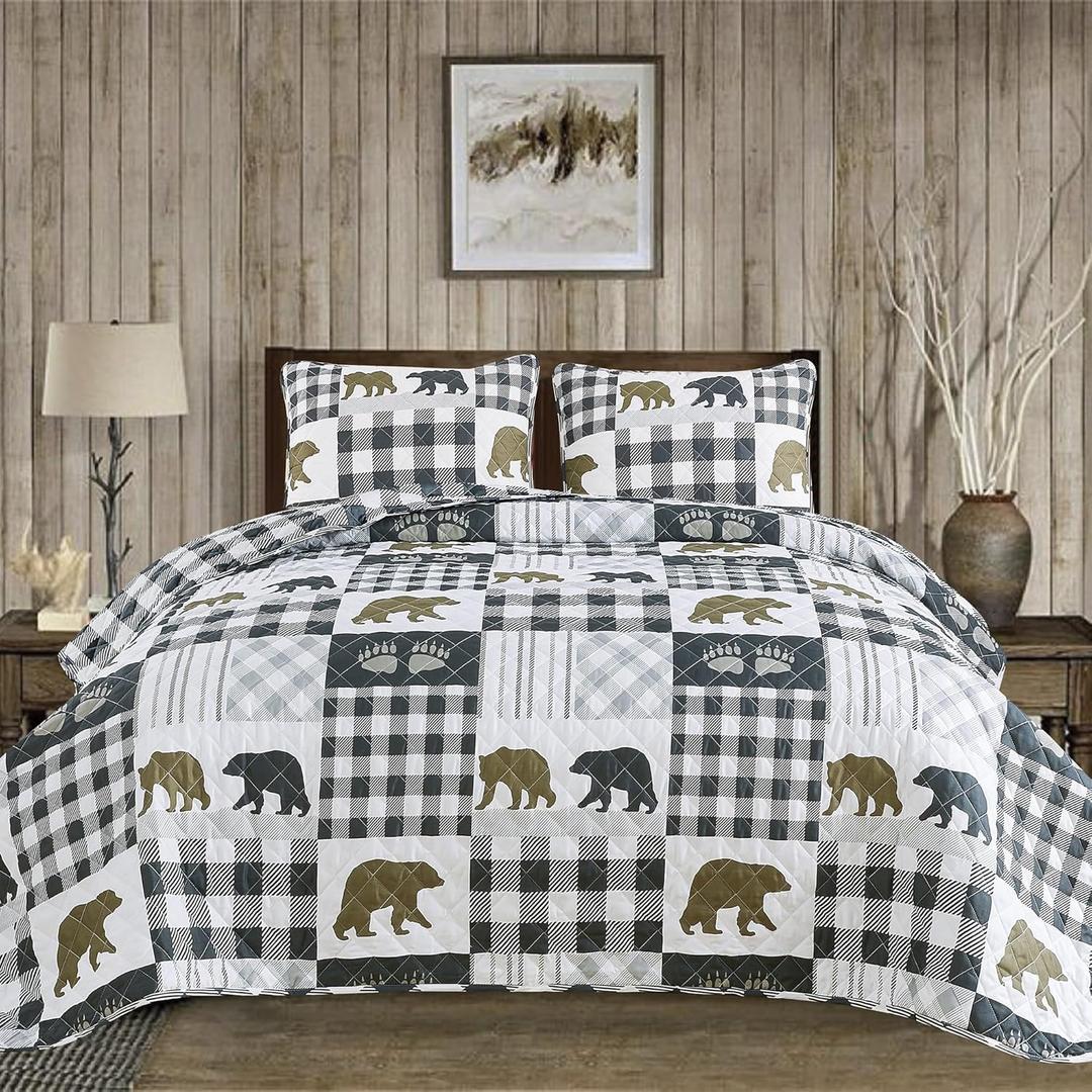 Market & Place Rustic Quilts Twin Size | 2-Piece Cabin Comforter Set with Sham | Reversible Lodge Bear Bedding for All Season | Orson Collection (Twin, Grey/Brown)