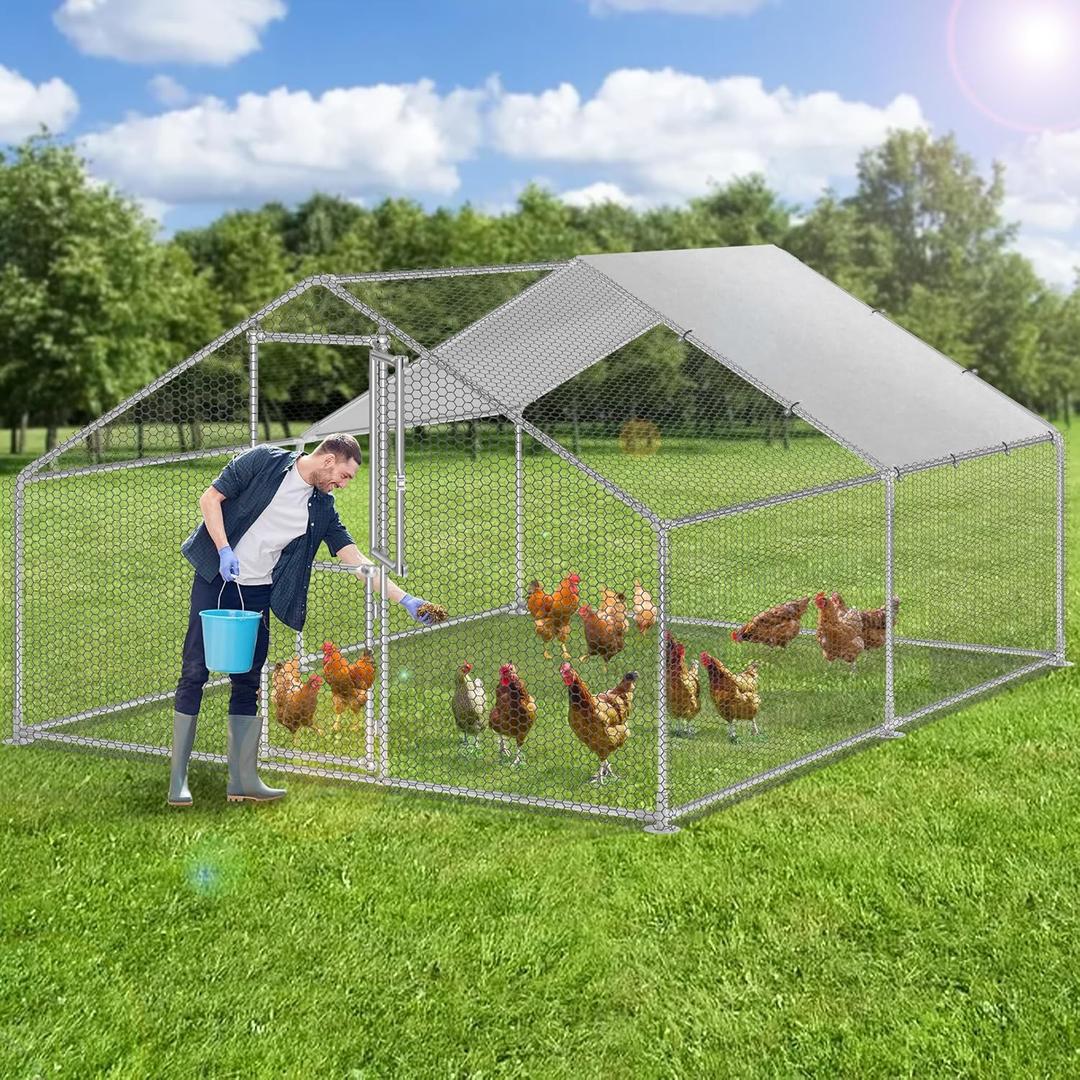 YITAHOME Large Metal Chicken Coop Run Pen for 10-20 Chickens, Walk-in Poultry Cage Hen Run House w Waterproof & Anti-UV Cover, Outdoor Chicken Cage for Outside, Backyard, Farm (13.1 x 9.8 x 6.4 ft) (Silver)