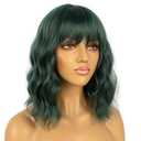 Dark Green Short Bob Wigs with Bangs for Women Loose Wavy Wig Curly Wavy Shoulder Length Bob Synthetic Cosplay Wig for Girl Colorful Costume Wigs