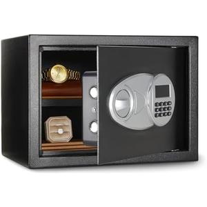 Amazon Basics Steel Security Safe and Lock Box with Electronic Keypad, Secure Documents Storage, Black, 0.5 Cubic Feet, 13.8"W x 9.8"D x 9.8"H, Removable Shelf