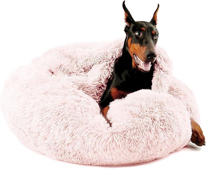 Himax Dog Beds for Large Dogs, Comfort Dogs Bed with Blanket Attached, Calming AntiAnxiety Fluffy Dog Bed Washable (20"/26"/35") Pink